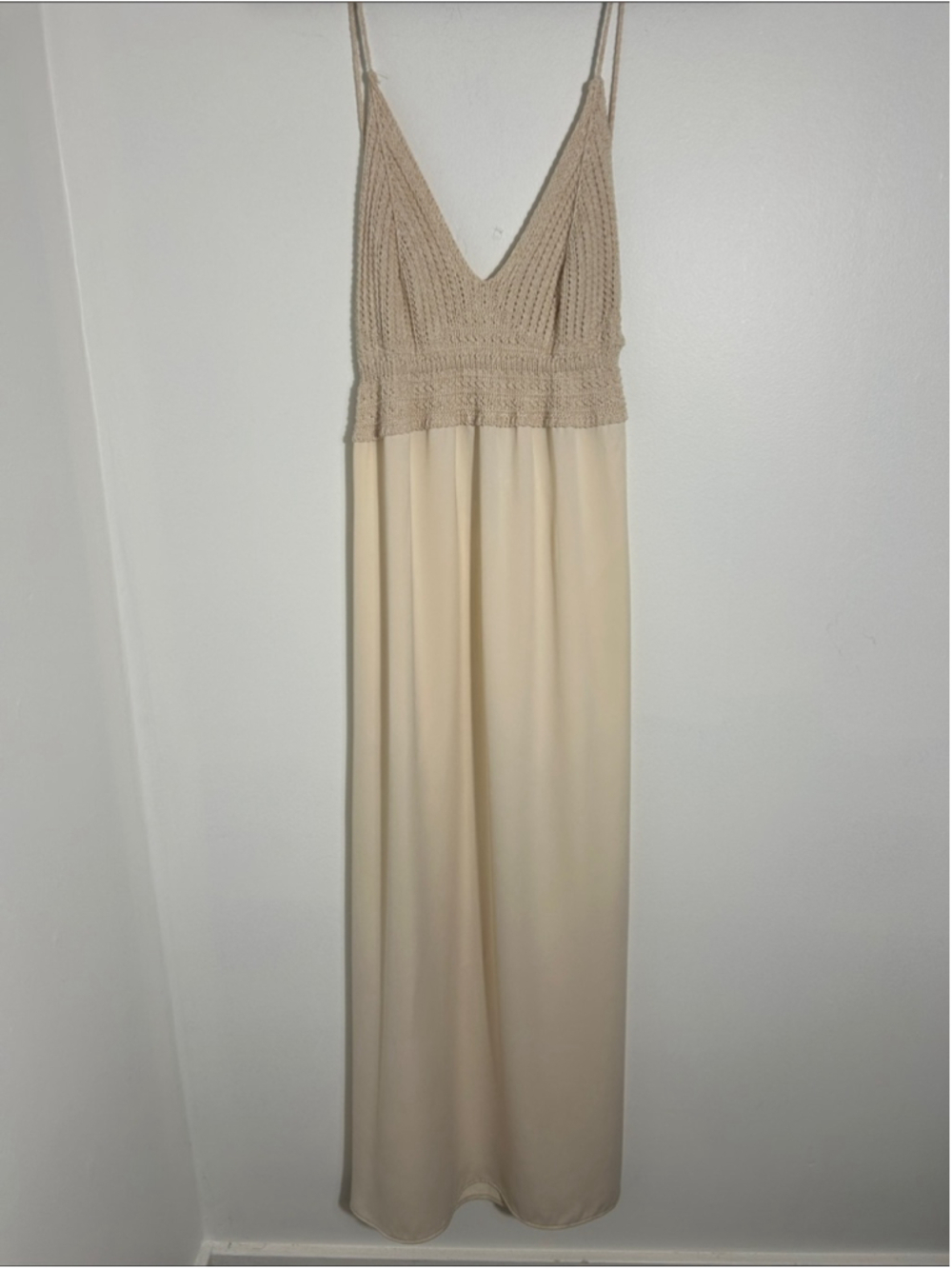 Zara Cream Crochet Knit Bodice Open Back Maxi Dress Tie Back Size Large